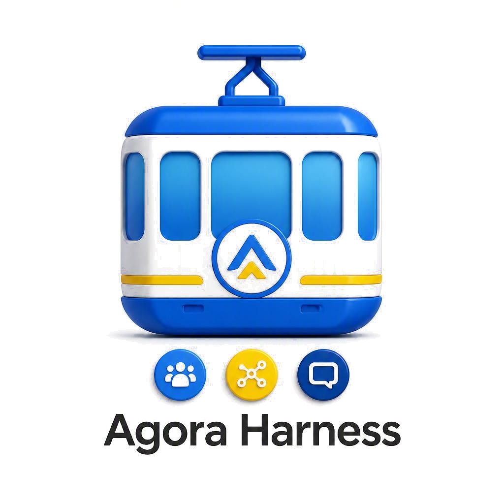 A blue and white tram-shaped Agora Harness mark, with icons for members, connections, and messaging above the wordmark