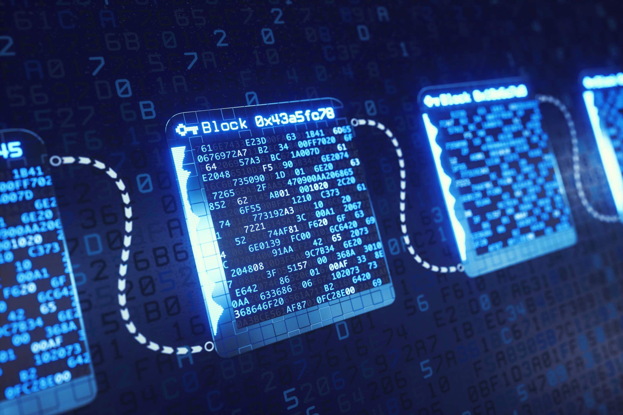 A glowing digital visualization of blockchain blocks linked together with connecting lines