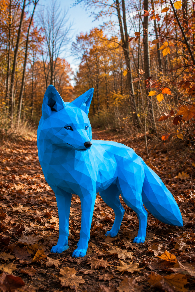 A low-poly blue fox sculpture standing on a forest path in autumn