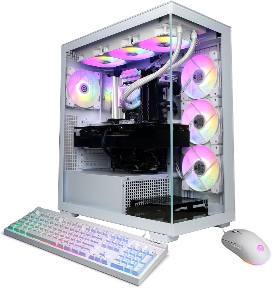 A white gaming PC tower with RGB fans and tempered glass panel, next to a matching keyboard and mouse