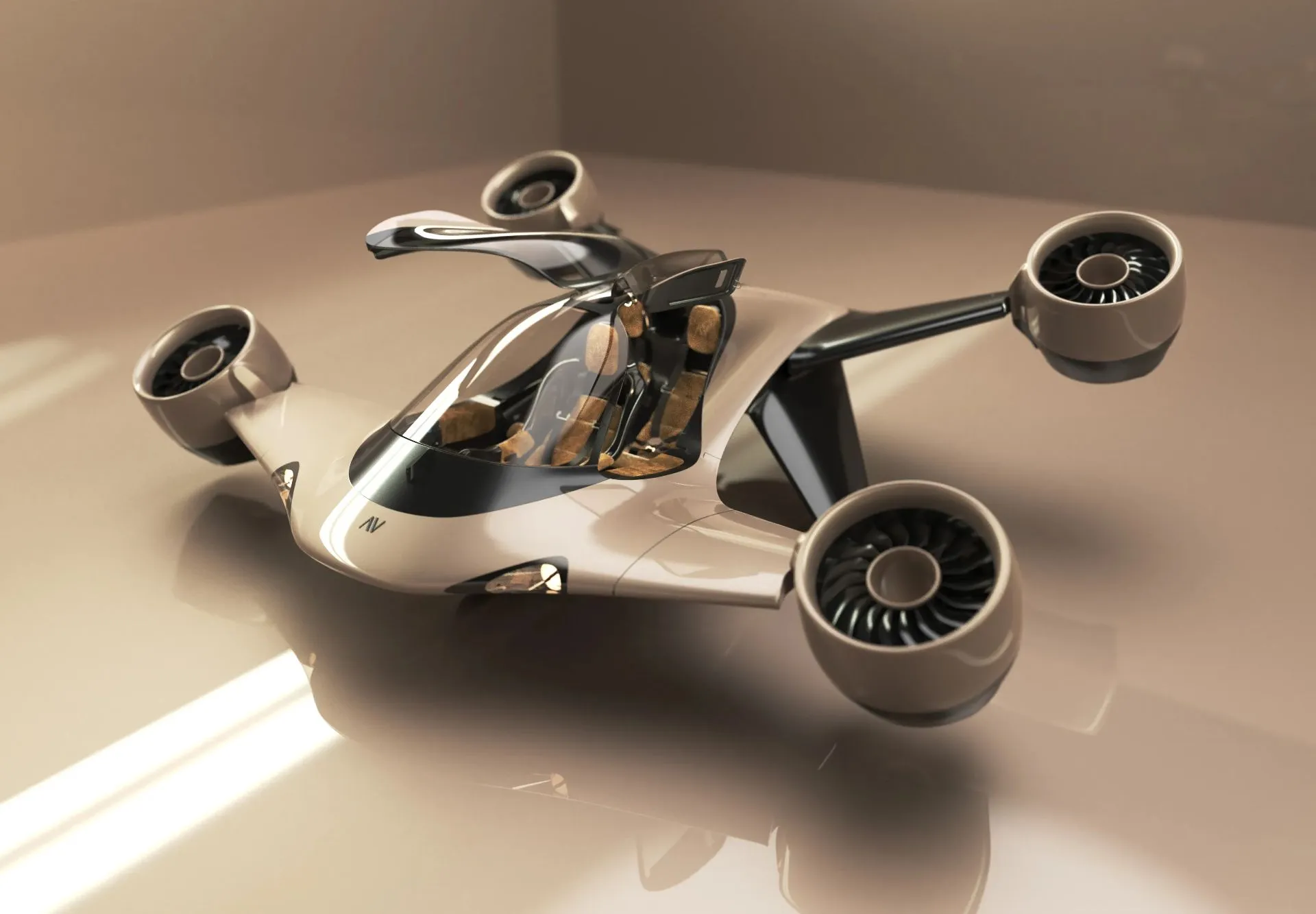 A white and gold concept flying car / eVTOL aircraft with four propellers, resting on a reflective surface