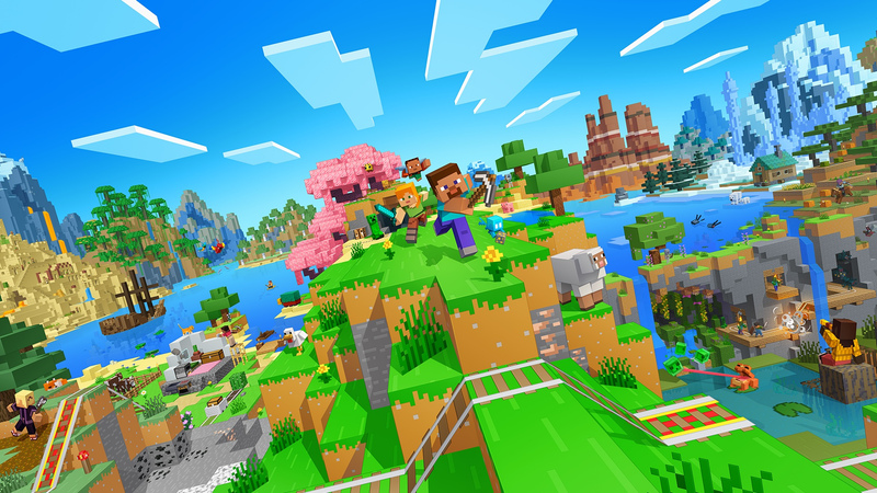 Minecraft characters standing on a grassy cliff overlooking a blocky, colorful landscape