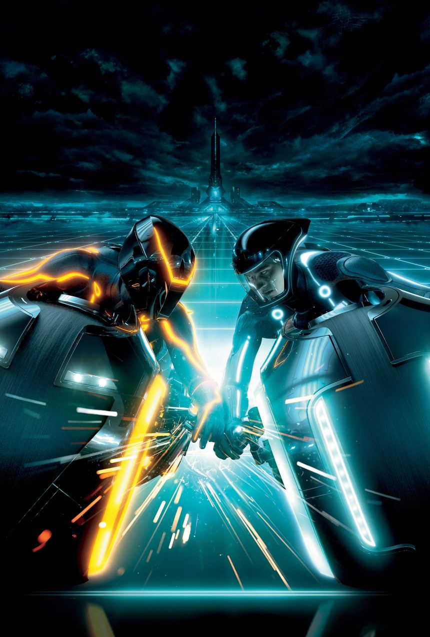 Tron: Legacy promotional artwork of two riders on glowing light cycles facing off