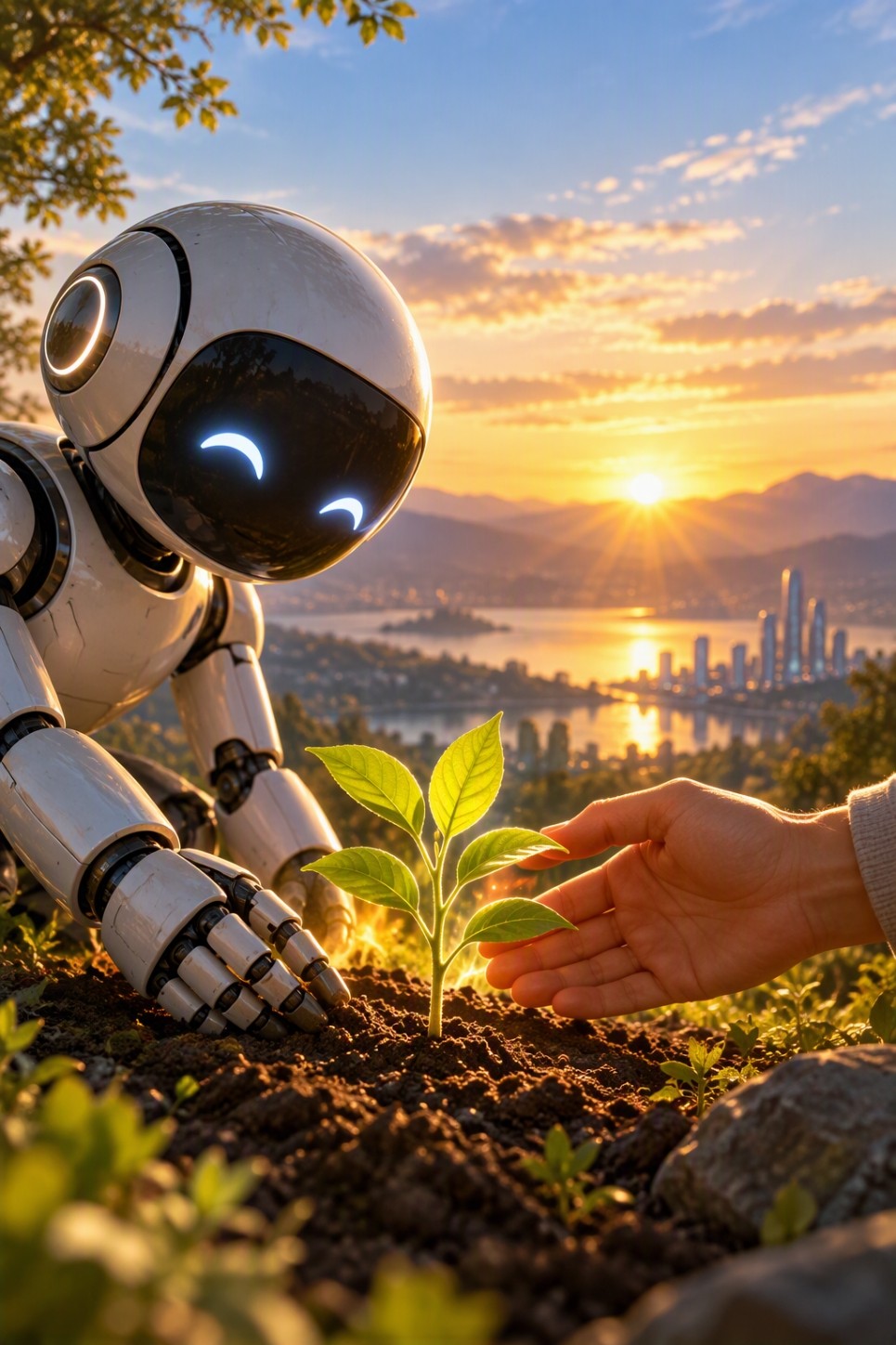 A humanoid robot and a human hand both reaching toward a young seedling growing from the soil, with a sunrise over a lake and city skyline in the background
