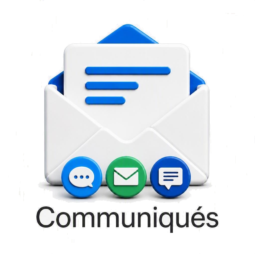 An open envelope with chat, mail, and comment icons above the word Communiqués