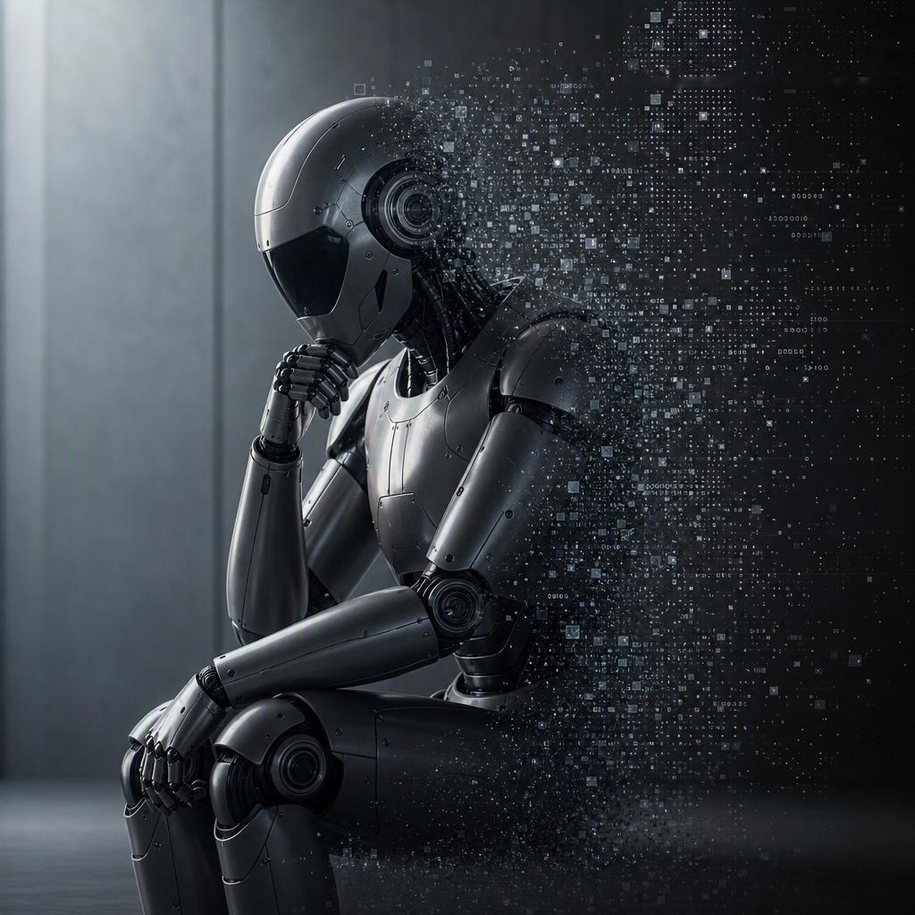 A humanoid robot sitting in thought as its body dissolves into scattered data particles