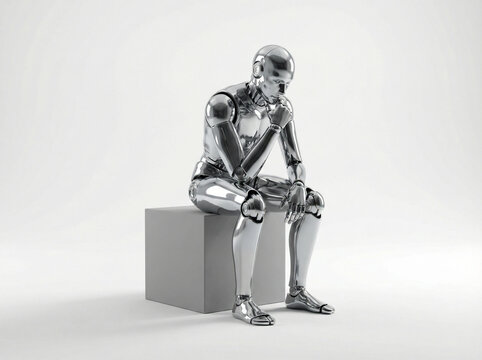 A chrome robot sitting on a cube in a thinking pose