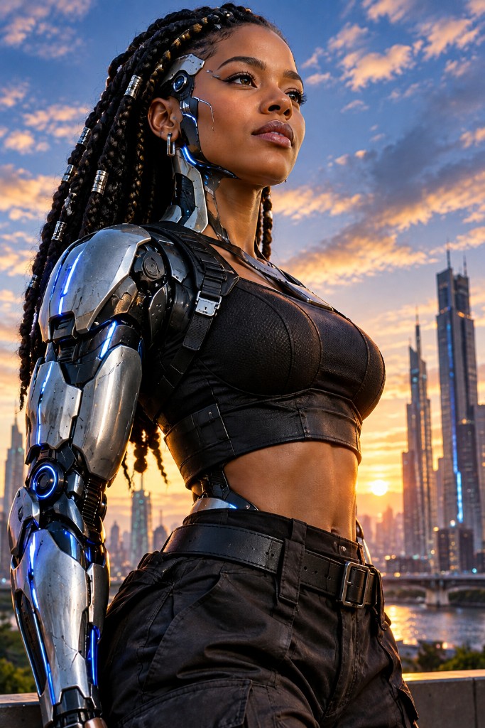 A woman with a sleek metallic cybernetic arm, shoulder, and neck implant, standing confidently on a rooftop overlooking a city skyline at sunset