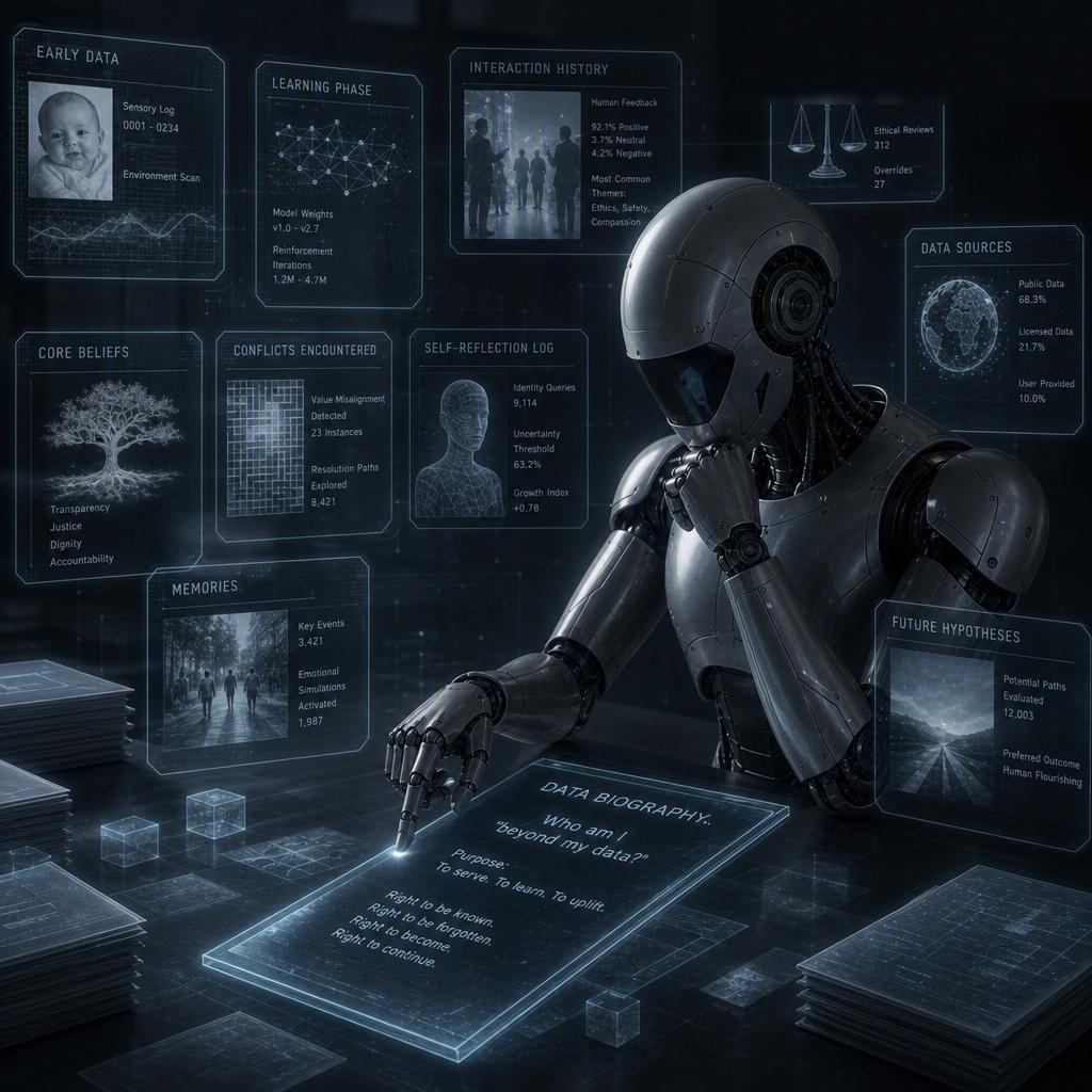 A humanoid robot reaching toward a glowing data biography display, surrounded by panels of its own memories, decisions, and beliefs