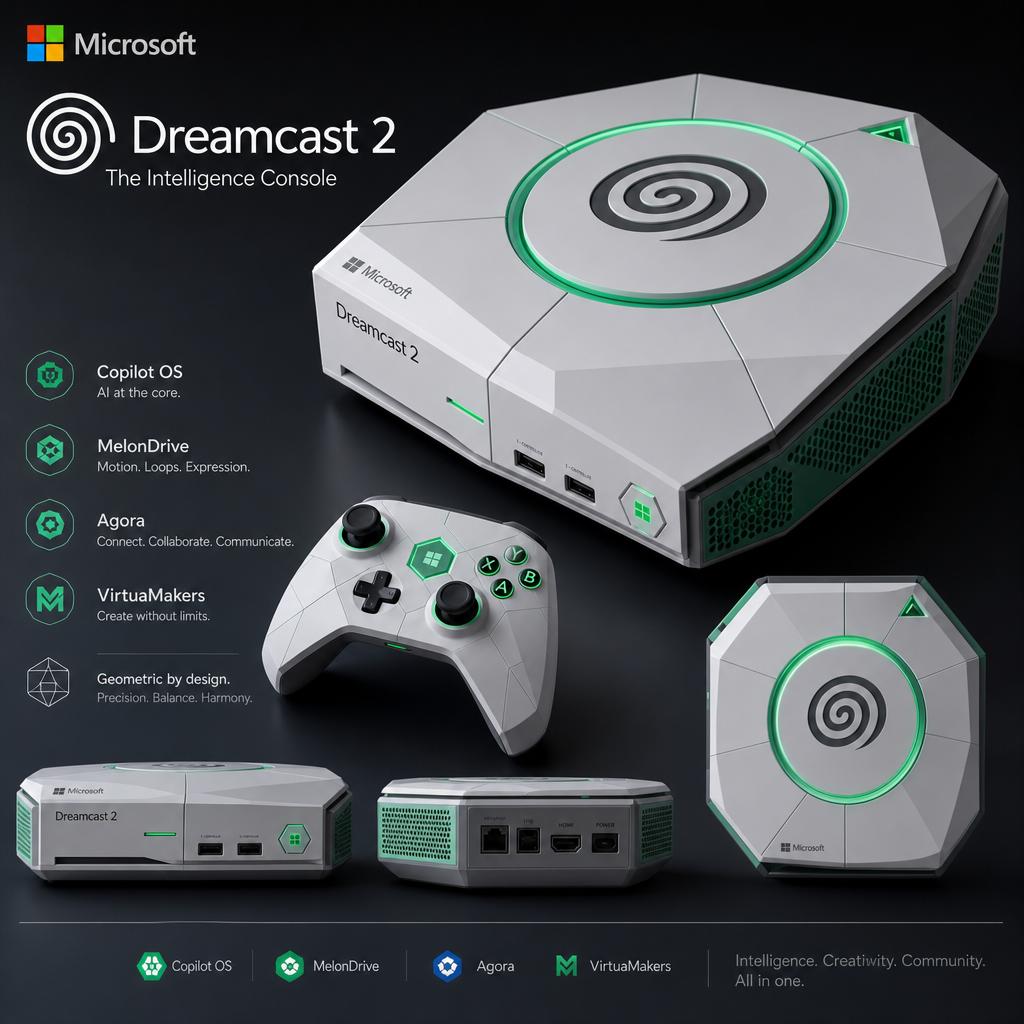 Dreamcast 2: The Intelligence Console, a fantastical mockup blending Copilot OS, MelonDrive, Agora, and VirtuaMakers branding