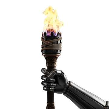 A robotic hand holding a lit torch