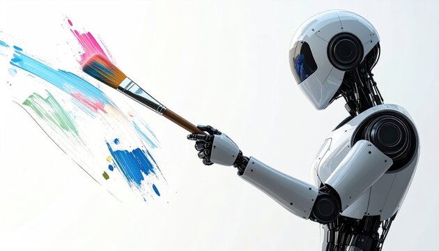 A robot holding a paintbrush, mid-stroke on a canvas of colorful paint