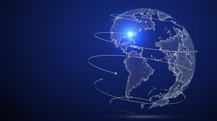 A glowing dotted globe with orbiting tracking lines, centered on North America