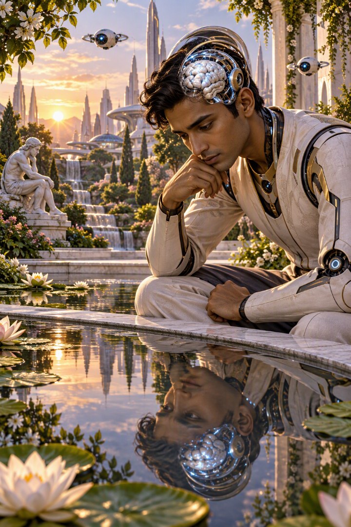 A thoughtful young man with a transparent cybernetic dome showing his brain sits by a reflecting pool in a garden city at sunset, studying his own reflection, a statue of The Thinker behind him