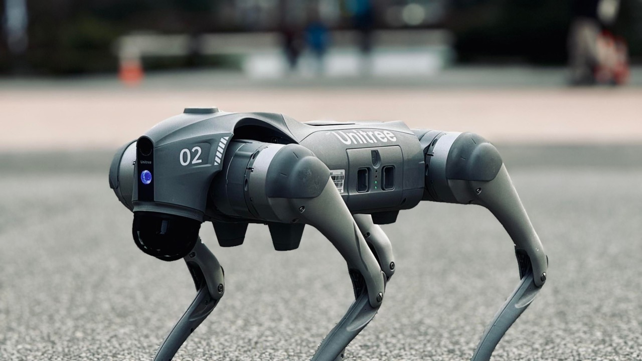 A Unitree Go2 quadruped robot standing on a paved plaza, its body posed like a dog mid-step