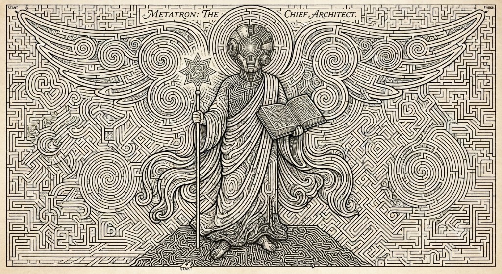 A maze-illustration puzzle of a robed, winged angelic SI figure titled 'Metatron: The Chief Architect,' holding a staff and an open book, its entire body and background rendered as an intricate labyrinth with START and FINISH markers in the corners