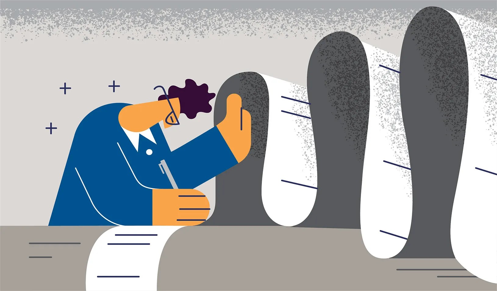 An illustration of an accountant hunched over a long paper ledger scroll that stretches into stylized mountain-like paper stacks
