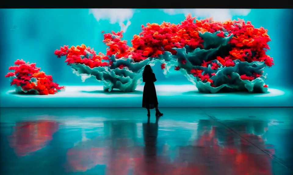 A visitor stands before glowing, coral-like AI-generated light sculptures in an experiential gallery installation