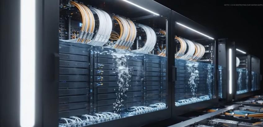 A data center server rack with clear tubes of water flowing through it for liquid cooling, under bright overhead lighting