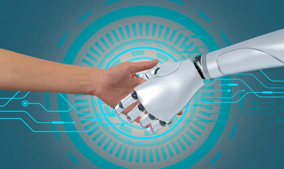 A human hand and a robotic hand reaching toward each other in a handshake, surrounded by glowing circuit-pattern graphics