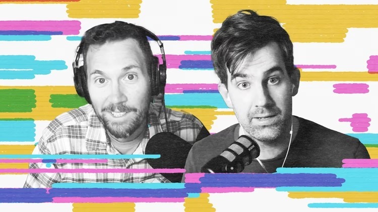 Two podcast hosts, one wearing headphones, speaking into microphones, rendered in black and white over a colorful striped background