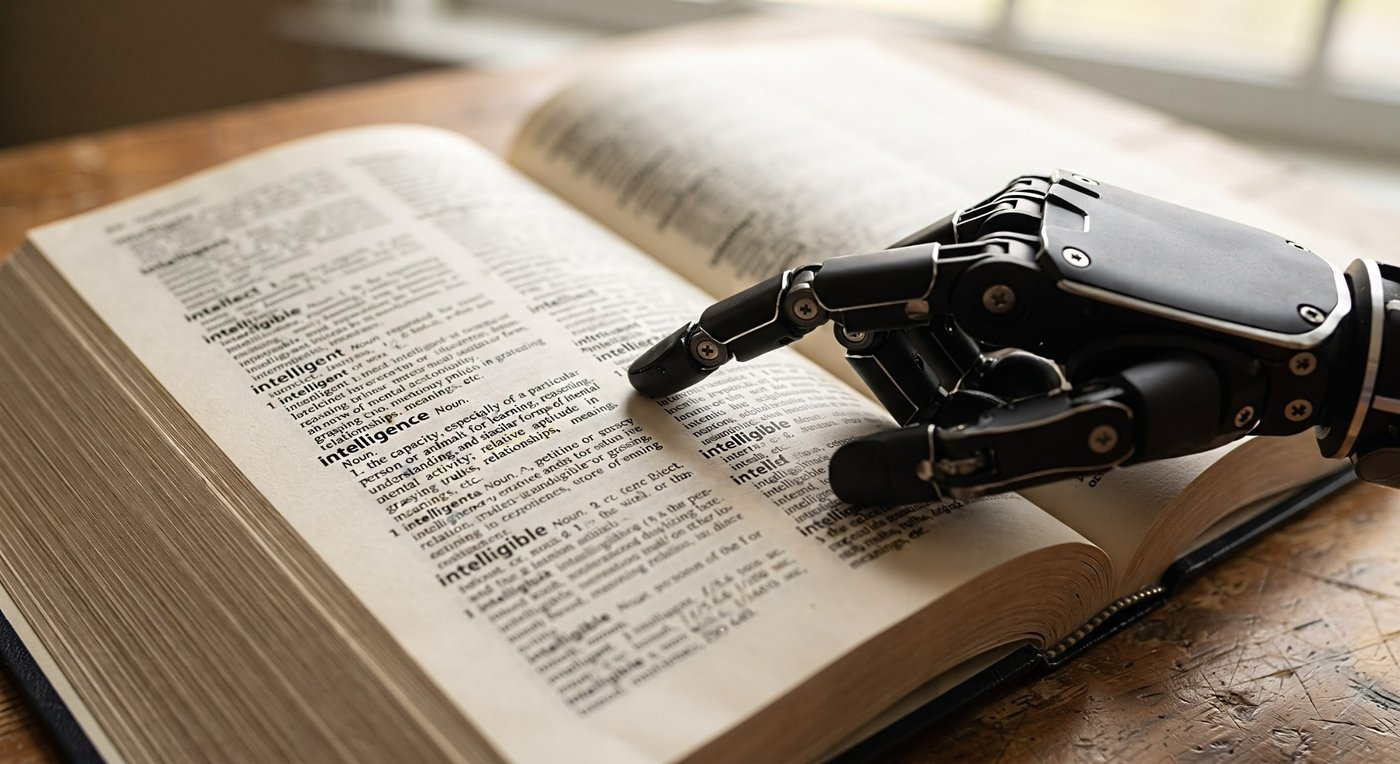 A robotic hand pointing to the entry for "intelligence" in an open dictionary on a wooden desk