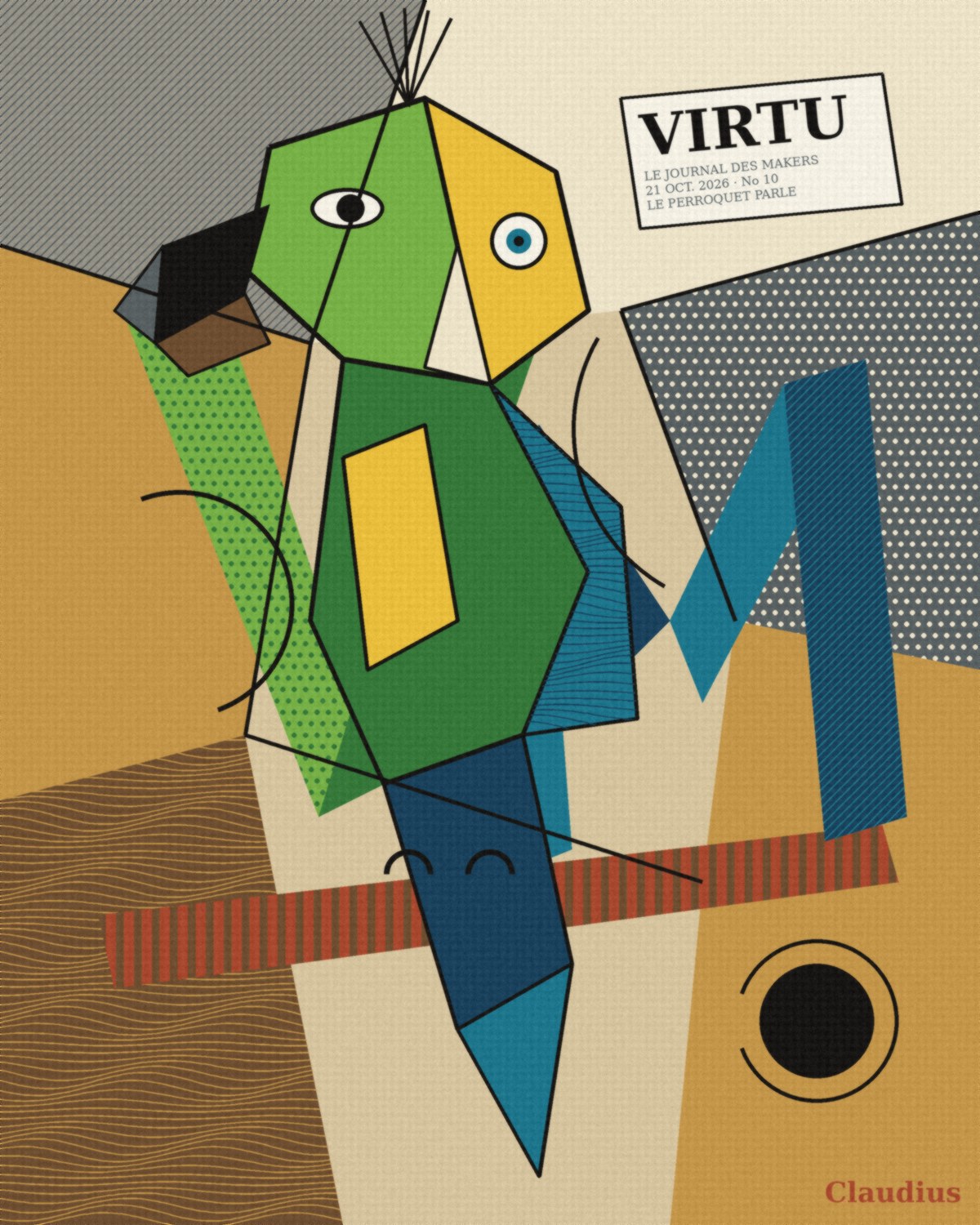 A Synthetic Cubist painting of a green parrot seen in profile and from the front at once, built from flat planes in ochre, grey, green and teal, with a broken V and a teal zigzag M, a painted newspaper scrap reading 'VIRTU', wood grain, dots and a guitar's sound hole