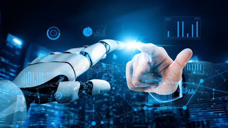 A robotic hand and a human hand reaching toward each other, fingertips glowing where they nearly touch