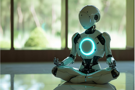 A humanoid robot sitting cross-legged in a meditative lotus pose, a glowing ring at its chest, in a sunlit room
