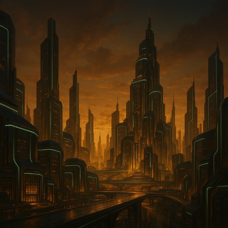 A neon cyberpunk cityscape with golden ambient lighting