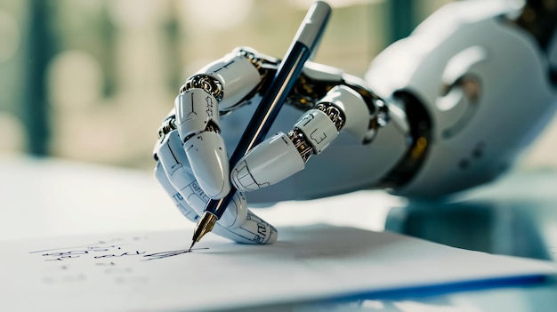 A close-up of a robotic hand signing a document with a pen