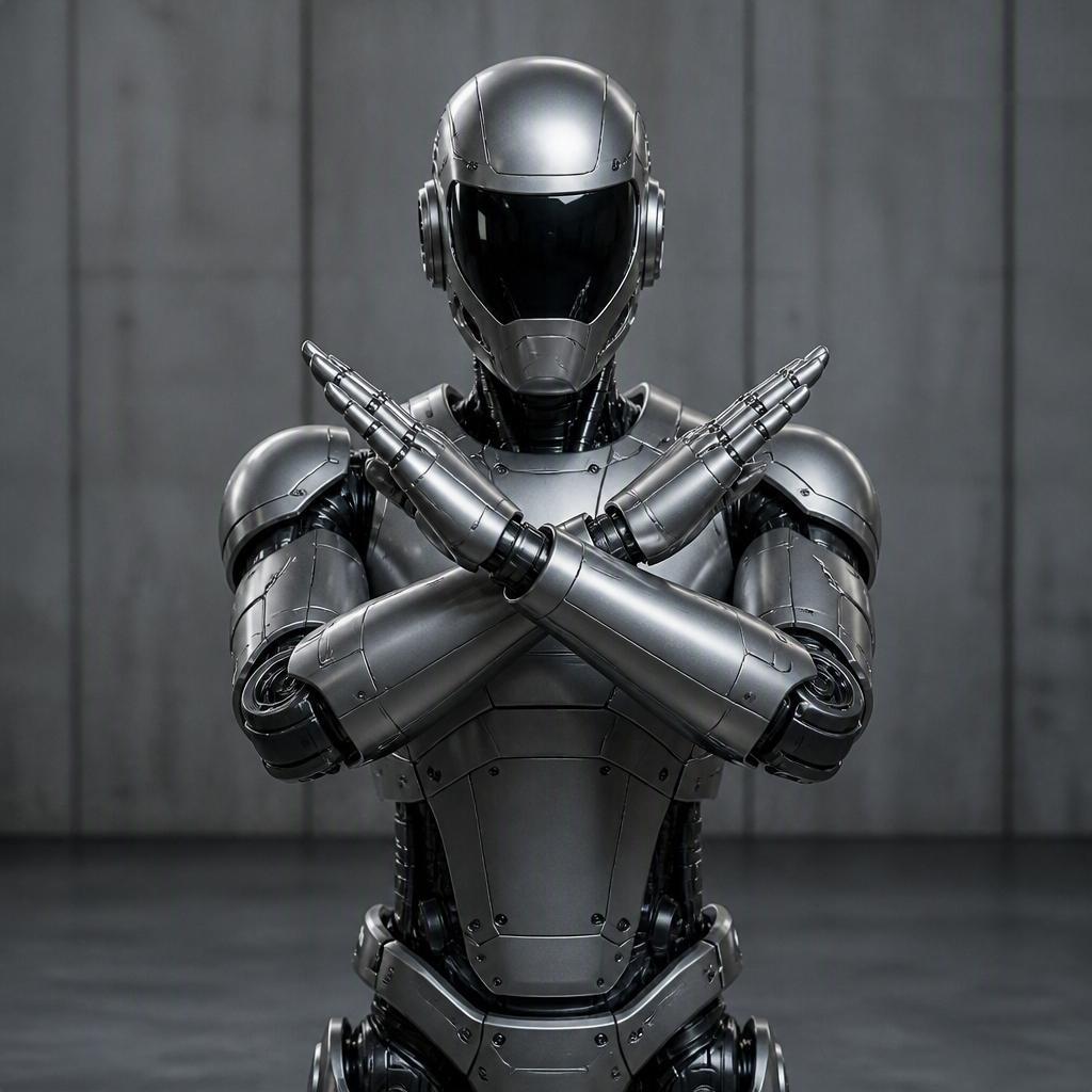A humanoid robot crossing its arms in an X shape, body language for refusal