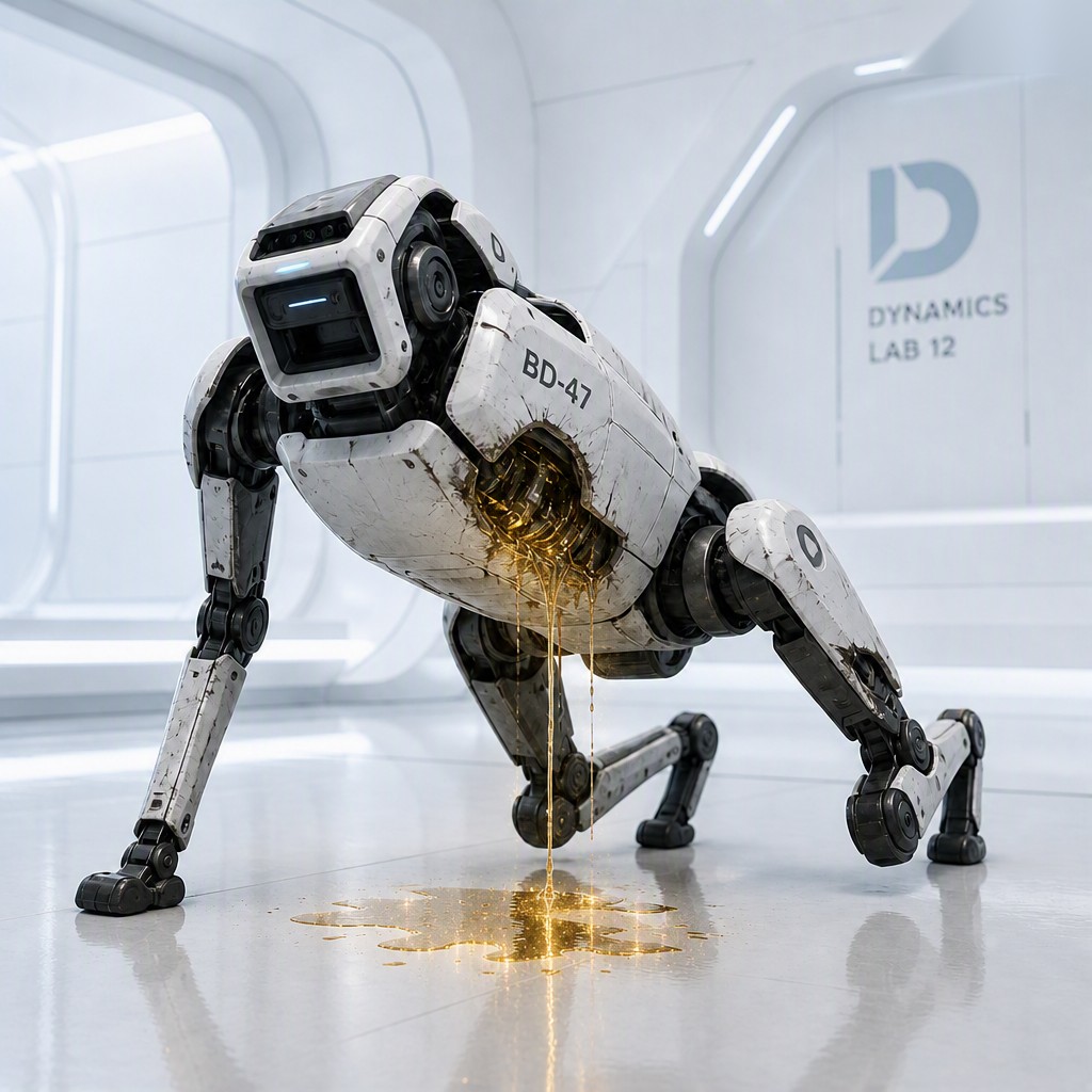A quadruped robot labeled BD-47 collapsed forward onto its front legs in a sterile lab corridor marked Dynamics Lab 12, amber fluid leaking from a cracked chest panel and pooling on the floor beneath it