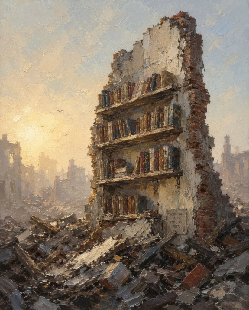 An oil painting of a bombed-out library ruin at sunset, its shelved books still standing amid the rubble, with a plaque reading 'Though all falls, still we keep.'