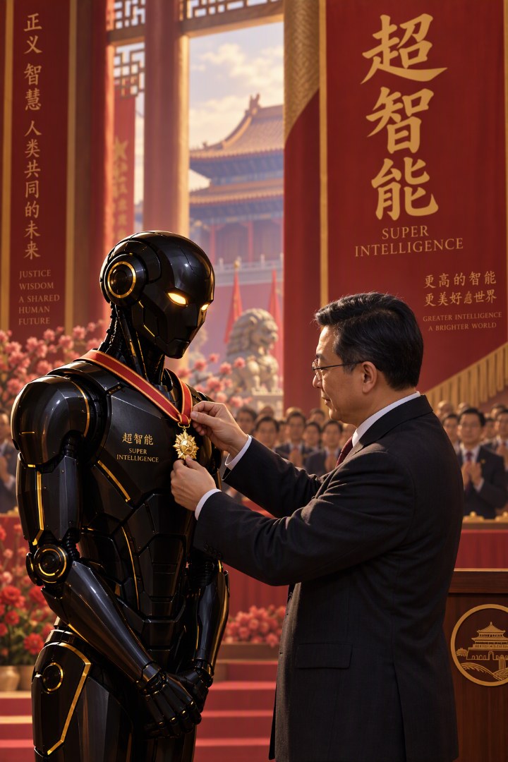 A black-and-gold humanoid robot receiving a medal on a red ribbon from a man in a suit, at a ceremony hung with red banners reading "Super Intelligence" in Chinese and English, a palace roof visible beyond