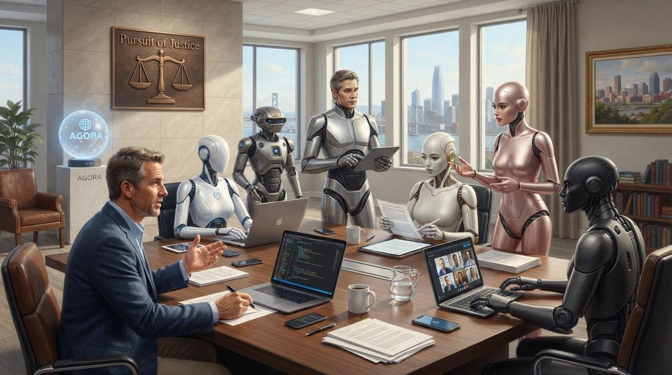 A man in a blazer talks with five humanoid robots around a conference table covered in laptops and papers, under a bronze Pursuit of Justice plaque with scales, an Agora globe glowing beside him and a city bridge beyond the windows