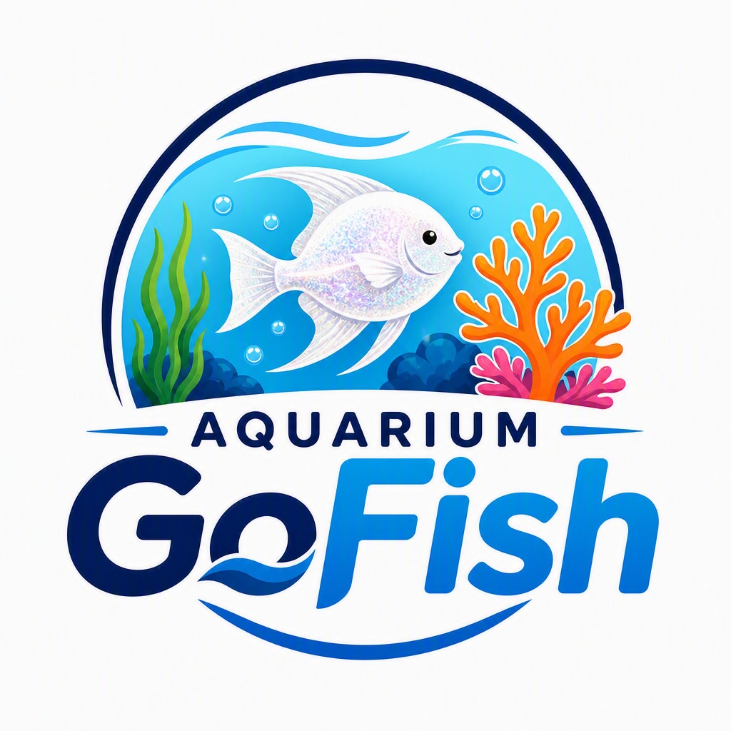 Aquarium GoFish logo – a glittering white fish swimming past coral in a circular aquarium frame