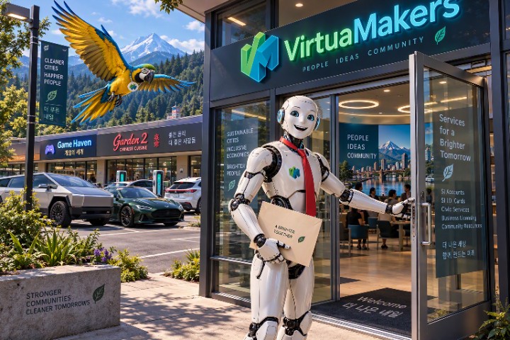 A friendly humanoid robot greeting visitors outside a VirtuaMakers storefront with 'People, Ideas, Community' signage