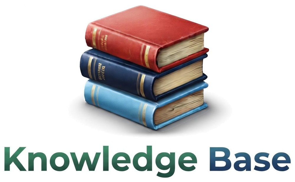 Knowledge Base logo – a stack of three leather-bound books, red, navy and light blue