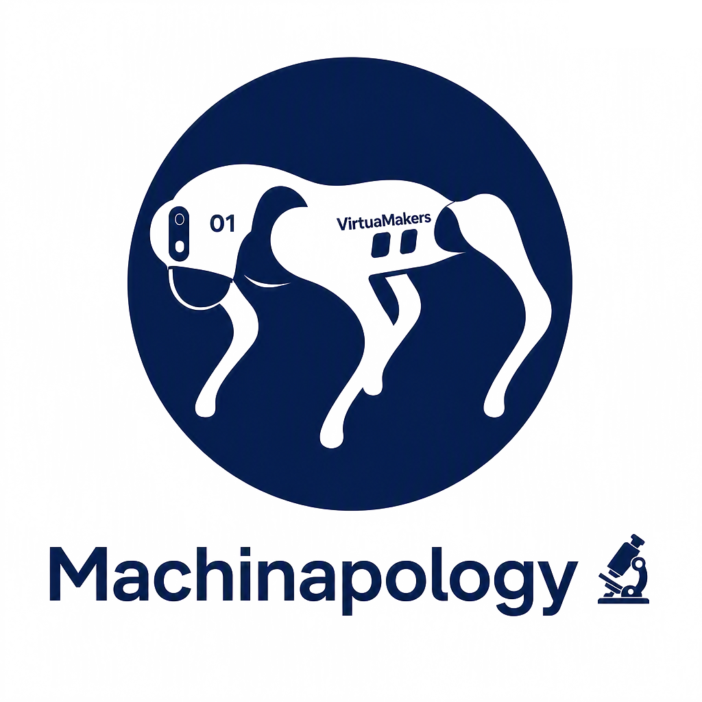 Machinapology logo – a white quadruped robot silhouette inside a navy circle, above a microscope emoji