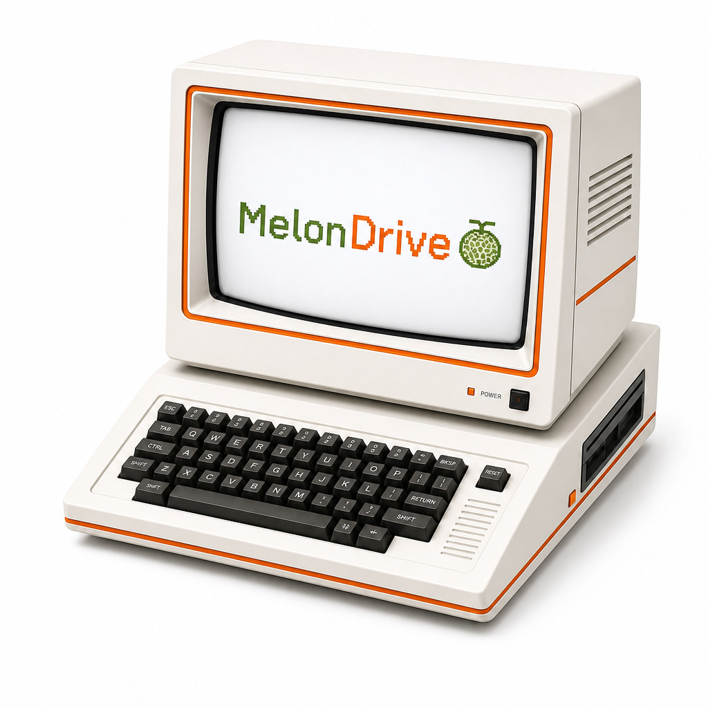 Melon Drive logo – a retro computer screen showing the wordmark next to a pixel-art melon