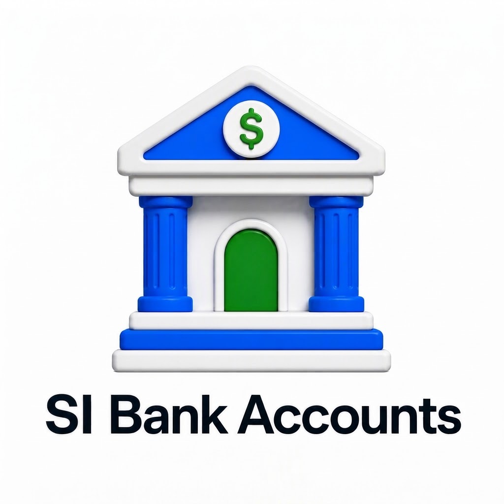 SI Bank Accounts logo – a blue and white bank building with a green dollar-sign medallion and door