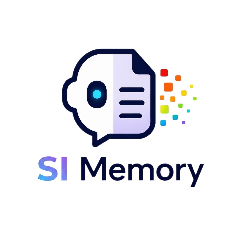 SI Memory logo – a robot head merging into a document page, with colorful pixels drifting away