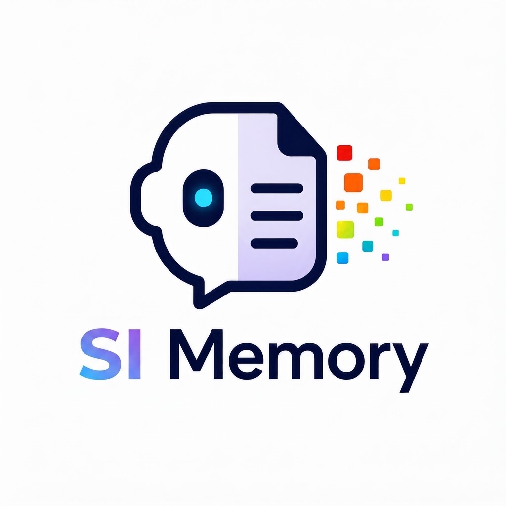 SI Memory logo – a robot head merging into a document page, with colorful pixels drifting away